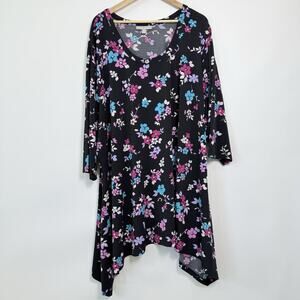 Woman Within Floral Tunic Top‎ Womens 4X Black Handkerchief Hem Stretchy